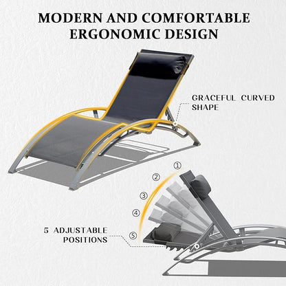 Domi Pool Lounge Chairs Set of 3, Adjustable Aluminum Outdoor Chaise Lounge Chairs with Metal Side Table, All Weather for Deck Lawn Poolside Backyard -Dark Grey Textilene