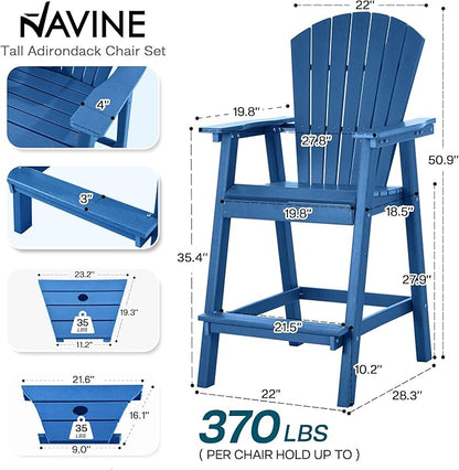 Tall Adirondack Chairs Set of 8, HDPE Balcony Chair with Double Connecting Tray, Weather Resistant Outdoor Adirondack Bar Stools for Patio, Deck, Patio, Backyard, Balcony. (Navy Blue)
