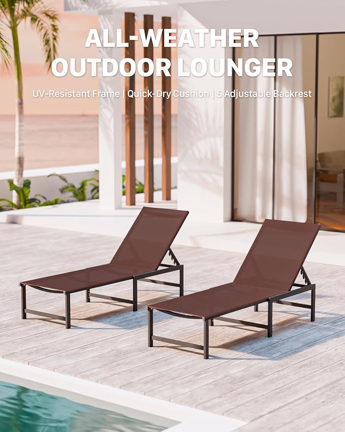 Chaise Lounge Chair Outdoor,Aluminum Patio Lounge Chairs Set of 2,Pool Lounge Chairs with 5 Adjustable Backrest and Headrest Pillows for Outside Beach，Brown