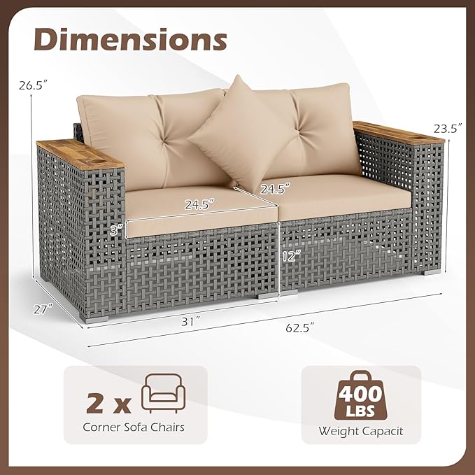Tangkula 62.5" Large Patio Wicker Loveseat with Acacia Wood Armrests & Cup Holders, Outdoor 2-Piece Rattan Corner Sofa with Cushions, Sectional Conversation Set for Garden Backyard Porch Balcony