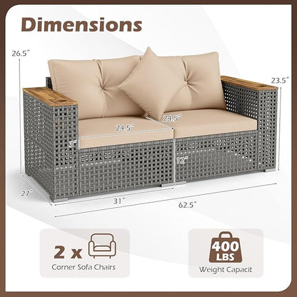 Tangkula 62.5" Large Patio Wicker Loveseat with Acacia Wood Armrests & Cup Holders, Outdoor 2-Piece Rattan Corner Sofa with Cushions, Sectional Conversation Set for Garden Backyard Porch Balcony