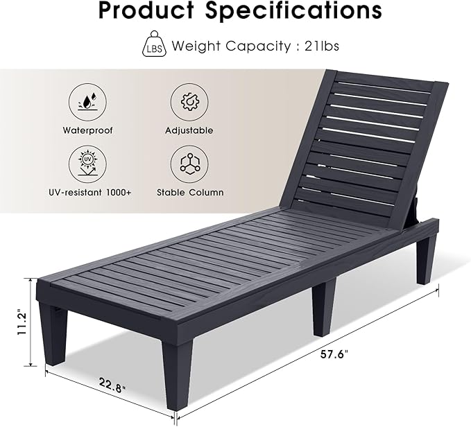 Outdoor Chaise Lounge Chair – 5-Position Adjustable Backrest, Waterproof Resin Wicker Sun Lounger for Pool, Patio - Photo 3