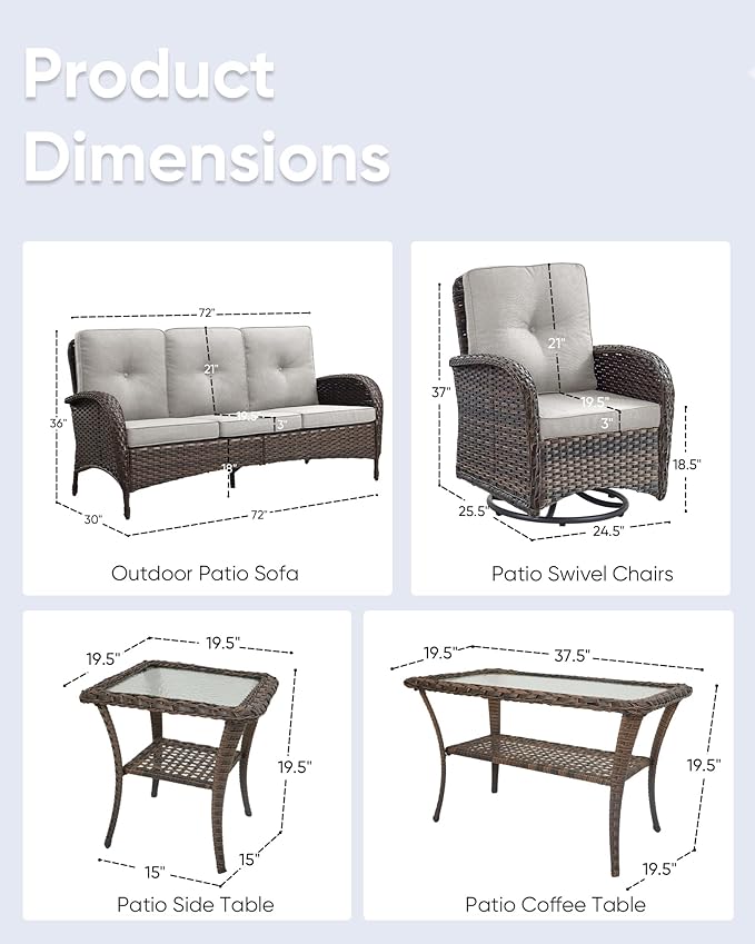 5 Pieces Wicker Patio Furniture Set-Outdoor Swivel Rocker Patio Chairs Patio Sofa Set with Tempered Glass Top Outdoor Coffee Table for Deck Lawn Porch Balcony Poolside-Brown/Beige
