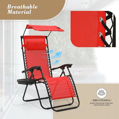 Athena Collection Zero Gravity Outdoor Lounge Chair Set of 2 with Canopy Shade, 25" Width Pool Lounge Lawn Chairs Reclining with Cup Holder, Outdoor Chaise for Beach Patio Outside, Red