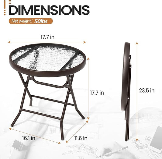 Foldable Patio Side Table Set of 2 with Tempered Glass Top 18" Folding Outdoor Side Tables Set of 2 Small Glass Patio End Tables for Porch Yard Balcony Deck Lawn Dining Garden (Brown)