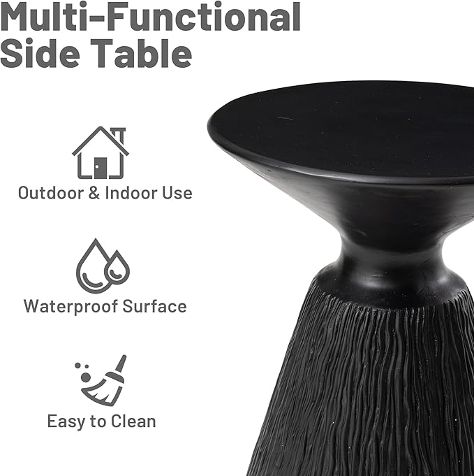COSIEST Outdoor Side Table, Mushroom Shaped MgO Accent Table, Lightweight Patio End Table w Round Base, Top Plant Stand for Garden and Deck, Black