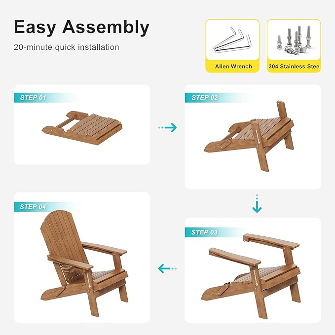 HDPE Foldable Adirondack Outdoor Chair Set of 2 with Cup Holder, Weather Resistant Heavy-Duty Patio Chair for Patio, Backyard, Deck, Fire Pit, Lawn and Porch, Teak