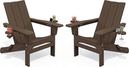 SERWALL Modern Adirondack Chairs Set of 2, Folding Adirondack Chair with Cup Holders, Outdoor HDPE Adirondack Chair for Patio Lawn Garden, Coffee