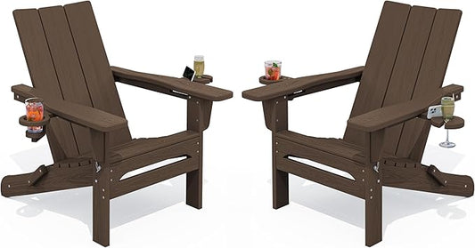 SERWALL Modern Adirondack Chairs Set of 2, Folding Adirondack Chair with Cup Holders, Outdoor HDPE Adirondack Chair for Patio Lawn Garden, Coffee