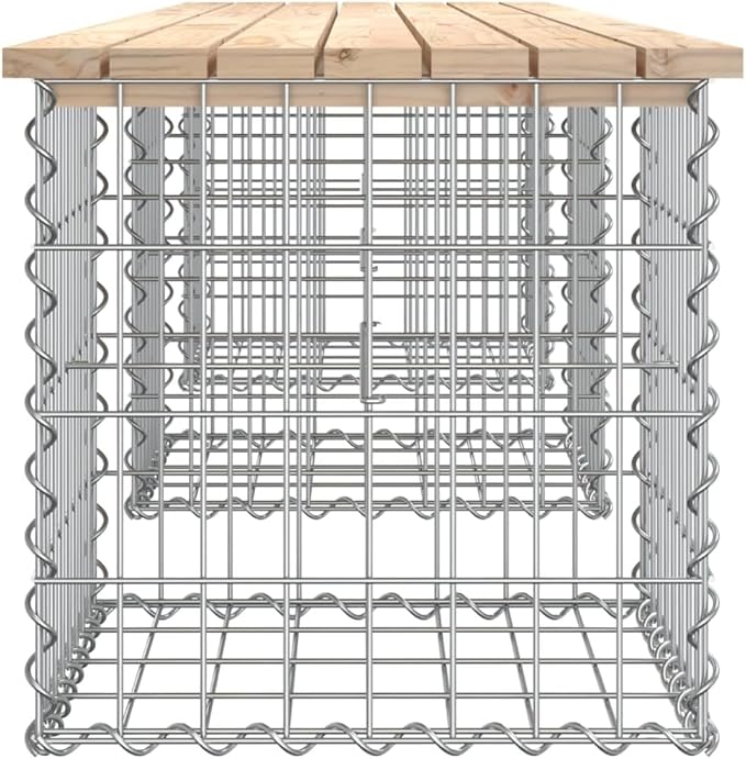 Garden Bench Natural Wood and Silver, Solid Pine Wood Outdoor Seating with Gabion Base, Weatherproof Patio Furniture for 3 People