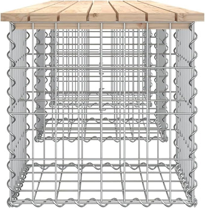 Garden Bench Natural Wood and Silver, Solid Pine Wood and Galvanized Steel, Rustic Outdoor Seating for Patio Garden Balcony, Durable Comfortable Bench with Gabion Basket