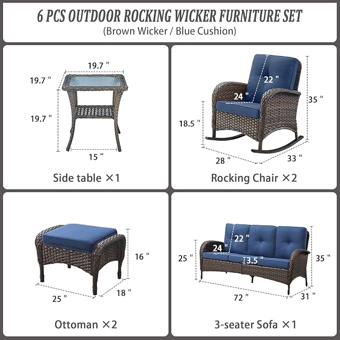 Belord Patio Rocking Chairs Furniture Set of 6, Outdoor Wicker Furniture Sets with Wicker Rocker, Small Patio Conversation Sets with Outdoor Couch Ottomans Brown/Blue