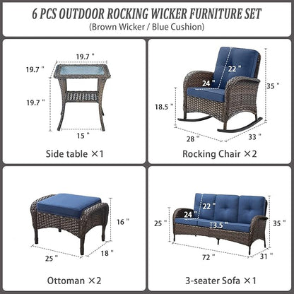 Belord Patio Rocking Chairs Furniture Set of 6, Outdoor Wicker Furniture Sets with Wicker Rocker, Small Patio Conversation Sets with Outdoor Couch Ottomans Brown/Blue