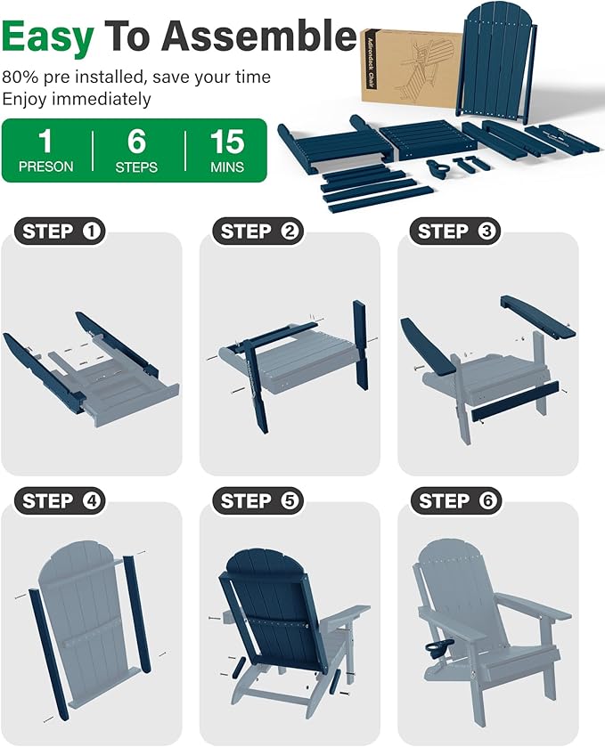 YEFU Adirondack Chair with Retractable Ottoman: Adjustable Folding Adirondack Chairs Set of 2 with Cup Holder - Fire Fit Chairs with Footrest - HDPE Plastic All Weather for Outdoor/Patio/Lawn(Navy)