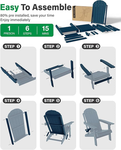 YEFU Adirondack Chair with Retractable Ottoman: Adjustable Folding Adirondack Chairs Set of 2 with Cup Holder - Fire Fit Chairs with Footrest - HDPE Plastic All Weather for Outdoor/Patio/Lawn(Navy)