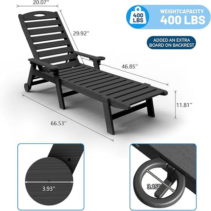 Outdoor Lounge Chairs, 78'' Long Patio Lounge Chair HDPE 5-Position Adjustable with Cup Holder & Rolling Wheels, Pool Lounge Chair for Sunbathing Tanning, Deck, Poolside -Black