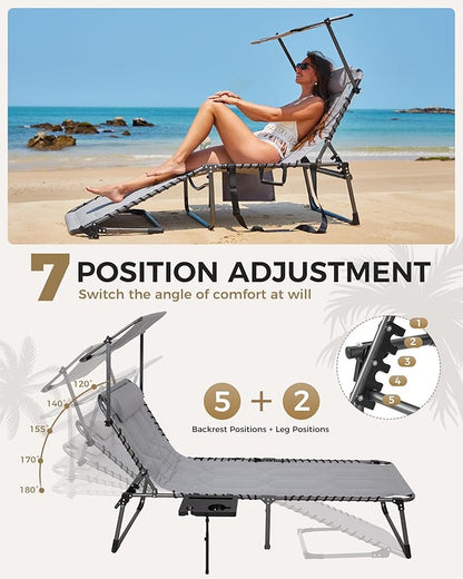 KingCamp Oversized Padded Chase Lounge Chairs, Extra-Wide Folding Tanning Chair Adjustable 5-Position 400lbs Heavy Duty Lounger with Double-Layer Oxford Canopy Shade for Outdoor Beach Patio Sun Pool