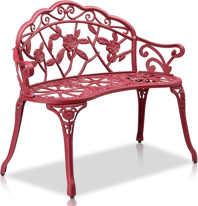 38.5" Outdoor Loveseat Bench Anti-Rust Cast Aluminum Metal Seating Furniture for Garden Patio Porch Park Deck Lawn Rose (Red)