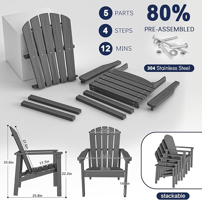 nevilywood Compact Stackable Adirondack Chairs, 26.3" Wide HDPE Outdoor Patio Chairs - Durable, Space-Saving Design for Porch, Lawn or Garden, Grey