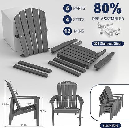nevilywood Compact Stackable Adirondack Chairs, 26.3" Wide HDPE Outdoor Patio Chairs - Durable, Space-Saving Design for Porch, Lawn or Garden, Grey