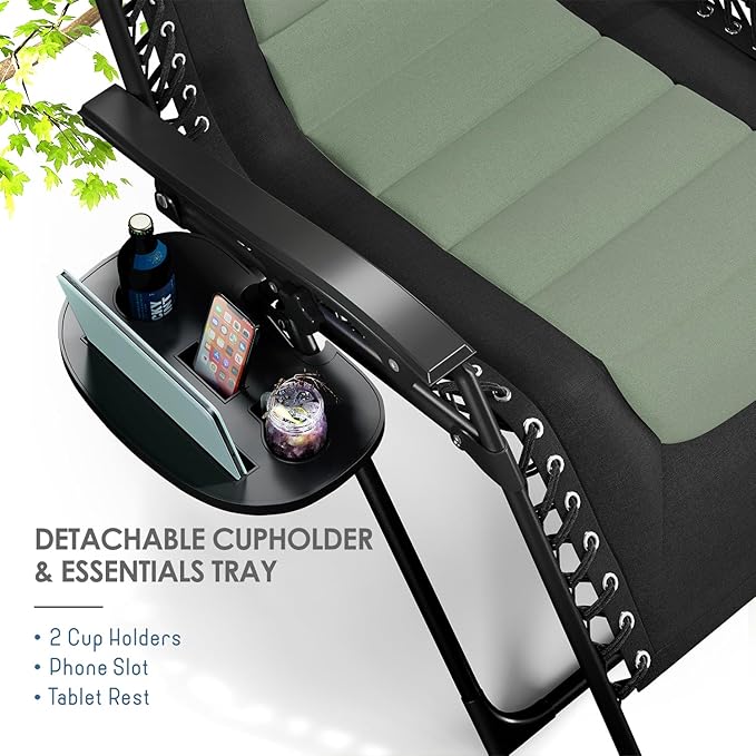 Nestl Outdoor Padded Zero Gravity Chair, Patio Lounge Chair Outdoor Recliner, Oversized Anti Gravity Lounger with Adjustable Headrest and Cup Holder, Foldable for Camping, Yard - Black/Sage Green