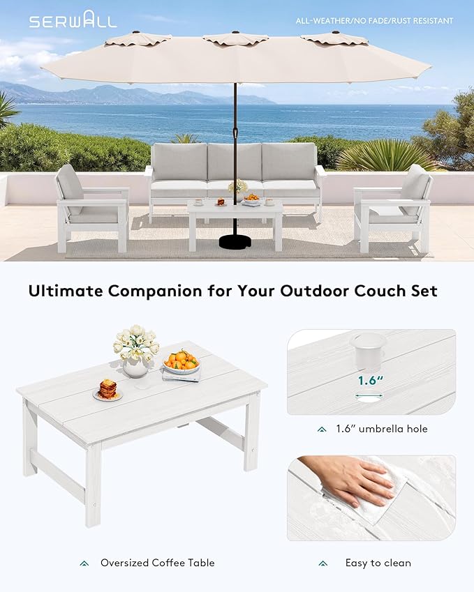 SERWALL HDPE Patio Coffee Table, Rectangle Outdoor Coffee Table, All-Weather Coffee Side Table for Balcony, Poolside - Photo 7