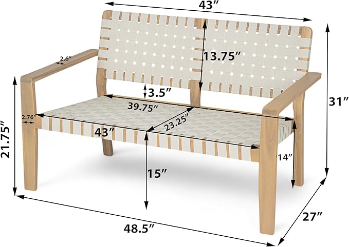 Merax Patio Furniture Acacia Wood Bench, Woven Rope Outdoor Loveseat Sofa, 2-Person Deep Seating Porch Bench for Garden, Backyard Park Balcony, Light Teak Finish & White