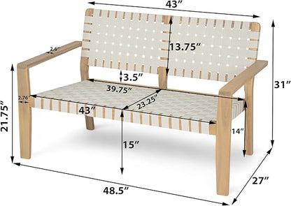Merax Patio Furniture Acacia Wood Bench, Woven Rope Outdoor Loveseat Sofa, 2-Person Deep Seating Porch Bench for Garden, Backyard Park Balcony, Light Teak Finish & White