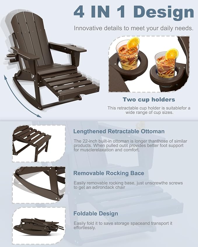 Adirondack Rocking Chairs Set of 8 with Retractable Ottoman, All Weather Folding Adirondack Chair with Two Cup Holders, Adirondack Outdoor Rocking Chairs for Porch, Patio, Balcony. Coffee