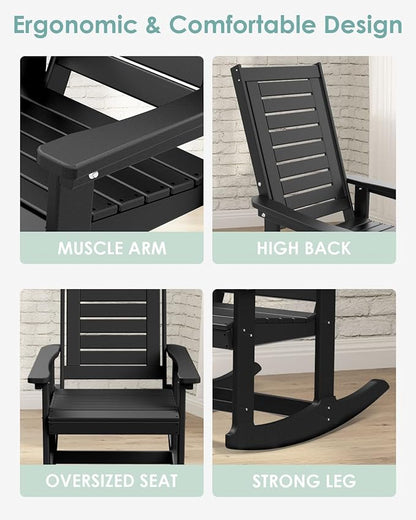 IVY&LANE Rocking-Chair-Outdoor | Porch-Rocker | Black | HDPE Plastic | All-Weather | High Back | Wide Seat | Oversized Patio Rocker for Adult | for Outside Deck Balcony Garden