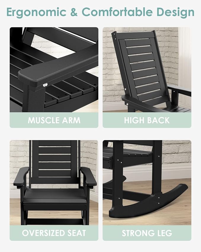 IVY&LANE Outdoor Rocking Chairs Set of 4 | Porch-Rockers | Black | HDPE Plastic | All-Weather | High Back | Wide Seat | Oversized Patio Rocker for Adult | for Outside Deck Balcony Garden