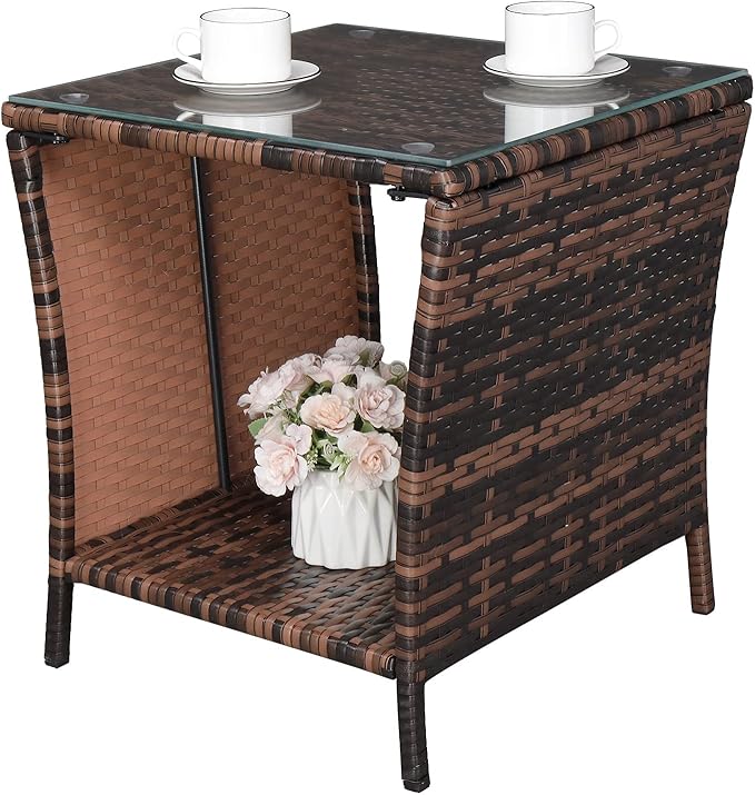 Outvita Outdoor Side Table, Rattan Coffee Table Small End Table with Glass Top Storage for Patio Porch Backyard Balcony - Photo 1