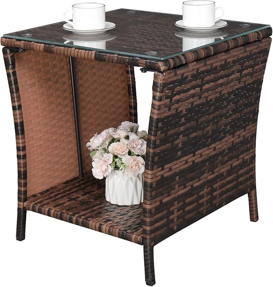 Outvita Outdoor Side Table, Rattan Coffee Table Small End Table with Glass Top Storage for Patio Porch Backyard Balcony