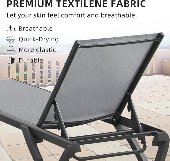 Domi Pool Lounge Chairs, Aluminum Patio Chaise Lounge with Side Table, 5 Position Adjustable Backrest and Wheels, All Weather Outdoor Lounge Chairs for Beach, Yard, Balcony, Poolside, Gray