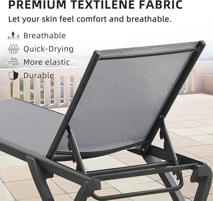 Domi Pool Lounge Chairs, Aluminum Patio Chaise Lounge with Side Table, 5 Position Adjustable Backrest and Wheels, All Weather Outdoor Lounge Chairs for Beach, Yard, Balcony, Poolside, Gray