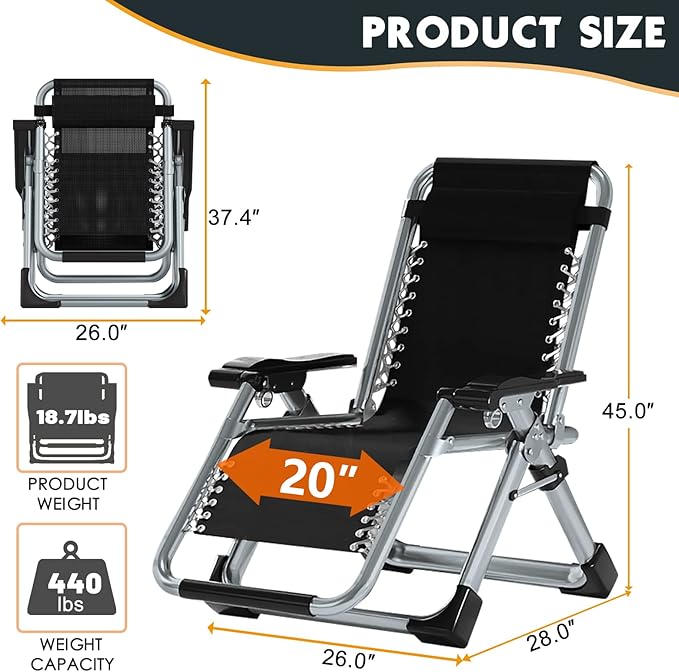 MOPHOTO Zero Gravity Chair, Outdoor Padded Lounge Chair with Side Table, Zero Gravity Recliner Chair, Outdoor Reclining Chair, Sturdy & Comfortable, Supports up to 440lbs