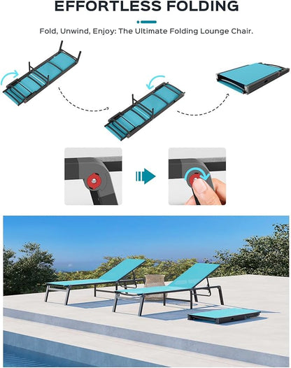 Patio Chaise Lounge Chair Set of 4, Foldable Lounge Chair for Outside, Aluminum Chairs with 5 Adjustable Backrest, Outdoor Pool Lounger for Poolside, Lawn, Patio, Lake Blue