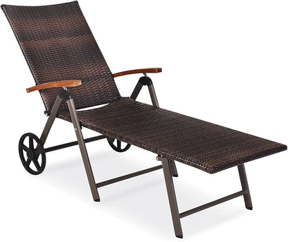 Tangkula Foldable Lounge Chair Outdoor, Wicker Chaise Lounge with Aluminum Frame, 7-Position Adjustable Reclining Pool Lounge Chairs with Wheels, Rattan Lounger with Cushion for Outside Patio Balcony
