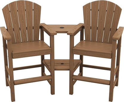 SERWALL Tall Adirondack Chairs Set of 2 with Double Layer Connecting Tray, HDPE Bar Height Outdoor Chairs, Wood-Like Adirondack Bar Stools for Patio, Balcony, Porch, Brown