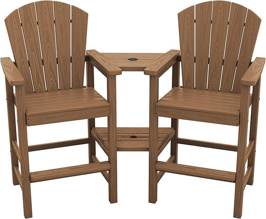 SERWALL Tall Adirondack Chairs Set of 2 with Double Layer Connecting Tray, HDPE Bar Height Outdoor Chairs, Wood-Like Adirondack Bar Stools for Patio, Balcony, Porch, Brown
