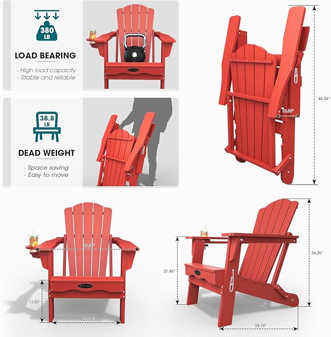 Folding Adirondack Chair, HDPE All-Weather Outdoor Chair with Cup Holder, Wooden Textured, Fire Pit Chair - Photo 3