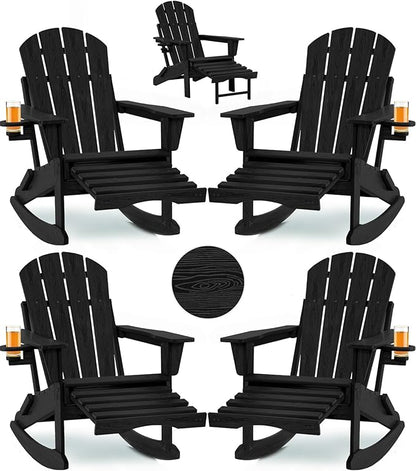 Folding Adirondack Rocking Chair Set of 4,4-in-1 Multifunctional Patio Chairs with Retractable Ottoman, Outdoor Chairs Wood Texture, Lawn Chair for Porch, Backyard, Pool(Black)