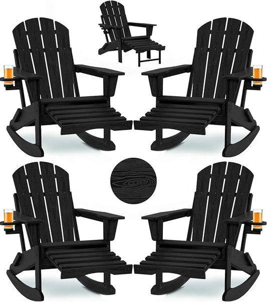 Folding Adirondack Rocking Chair Set of 4,4-in-1 Multifunctional Patio Chairs with Retractable Ottoman, Outdoor Chairs Wood Texture, Lawn Chair for Porch, Backyard, Pool(Black)