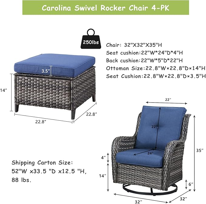 Rilyson Wicker Patio Furniture Set - 4 Piece Rattan Outdoor Sectional Conversation Sets with 2 Swivel Rocking Chairs - Photo 2