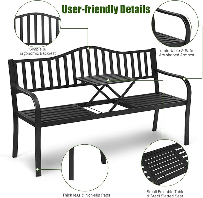 DORTALA Patio Garden Bench w/Steel Frame, Heavy-Duty Metal Park Bench, Outdoor Loveseat w/Foldable Middle Table, Ergonomic Backrest for Lawn, Porch, Path, Black