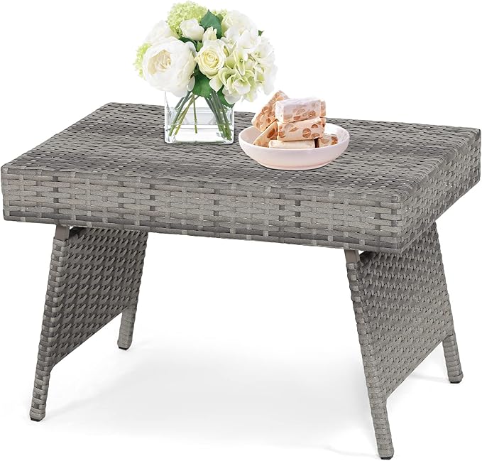 HAPPYGRILL Outdoor Wicker Table Folding Rattan Standing Coffee Side Table for Patio Lawn Bistro Poolside Garden