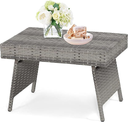 HAPPYGRILL Outdoor Wicker Table Folding Rattan Standing Coffee Side Table for Patio Lawn Bistro Poolside Garden