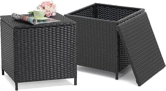 Verano Garden Outdoor Wicker Side Table Set of 2, Small Storage Rattan Wicker End Table, Square Resin Coffee Table for Garden Porch Deck Living Room Backyard