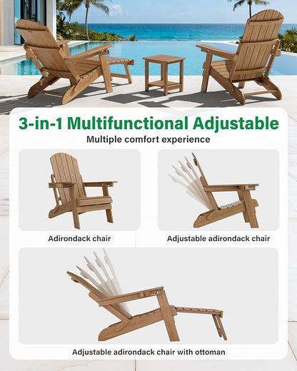 YEFU Adjustable Adirondack Chair with Footrest Set of 4, 5-Level Adjustable Adirondack Chair with Retractable Ottoman& Cup Holder, Folding Adirondacks Chairs Use for Outdoor, Pool, Fire Pit (Walnut)