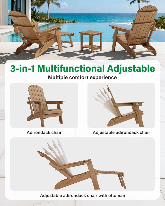YEFU Adirondack Chair with Retractable Ottoman: Folding Adirondack Chairs Set of 2-5-Level Adjustable Backrest with Footrest - Fire Pit Chairs - Cup Holder - Outdoor Plastic Chair for Patio(Walnut)